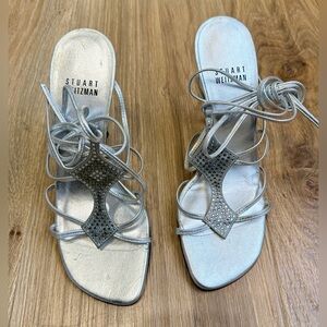 Stuart Weitzman Silver Lace-Up Rhinestone Mule Heels Size 5 Like New